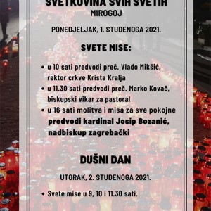 Raspored svetih misa na groblju Mirogoj, Miroševac i Markovo polje na svetkovinu Svih svetih